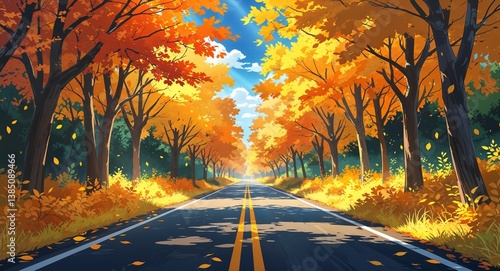 Sunlit road passing through vibrant fall foliage with golden leaves anime cartoon style illustration artwork design background