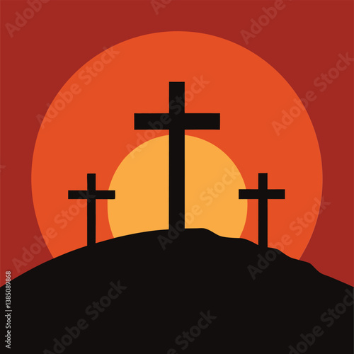 Silhouette of three crosses on a hill at sunset symbolizing faith and resurrection