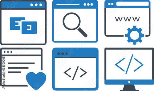 A collection of blue and gray icons for web design and development, including search, coding, settings, and social media features.
