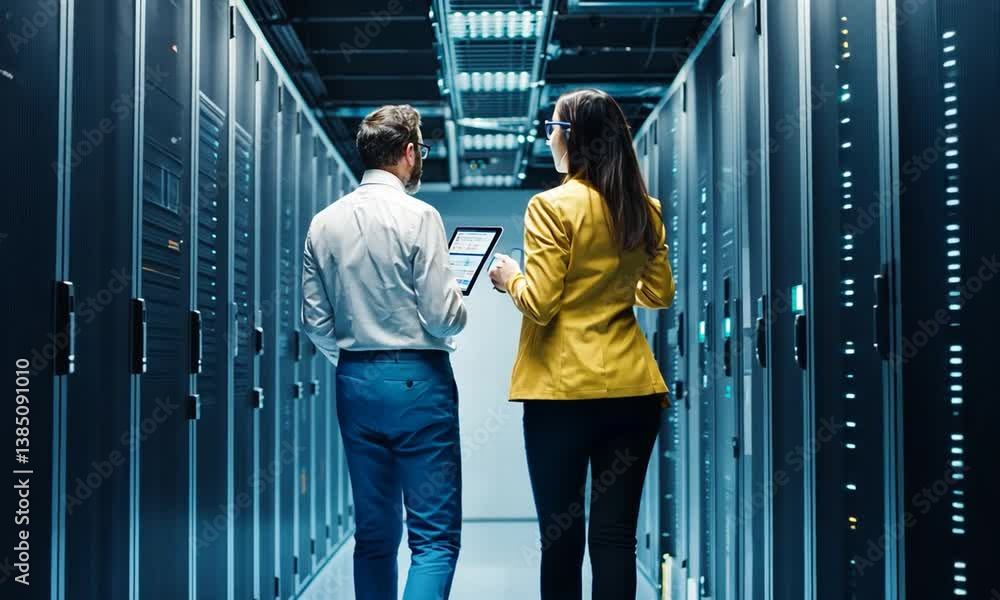 Two professionals discussing data insights in a modern server room filled with technology