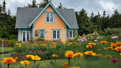 Quaint Peach Cottage with Vibrant Flower Garden