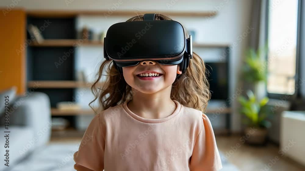 Child experiencing virtual reality with a vr headset in a modern living room setting, engaging with digital technology and innovation, 4k video Child experiencing virtual reality with a vr headset in a modern living room setting, engaging with digital technology and innovation, 4k video