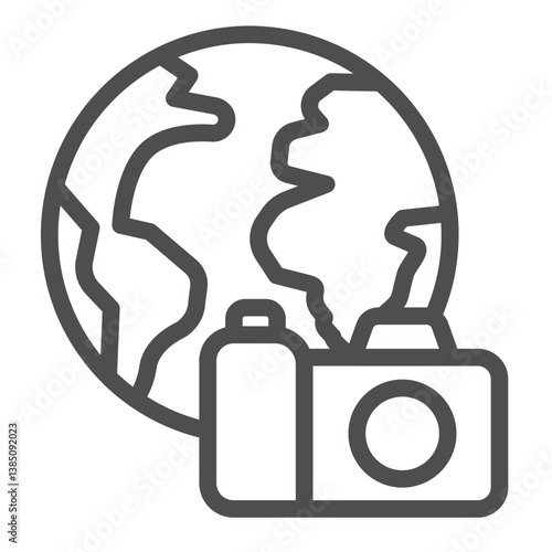 Planet earth and camera line icon, eco tourism concept. Vector graphics. World globe with photocamera, travel sign on white background, outline style icon for mobile or web design.