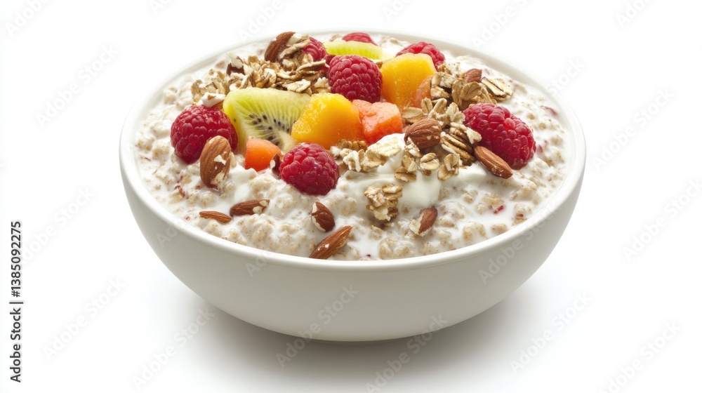 A bowl of creamy oatmeal topped with fresh fruit and nuts. Featuring warmth and health A bowl of creamy oatmeal topped with fresh fruit and nuts. Featuring warmth and health
