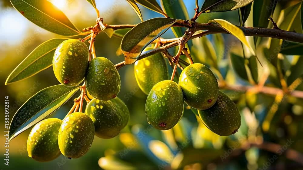 Sunlit green olives on branch with dewdrops in vibrant orchard atmosphere, 4k video