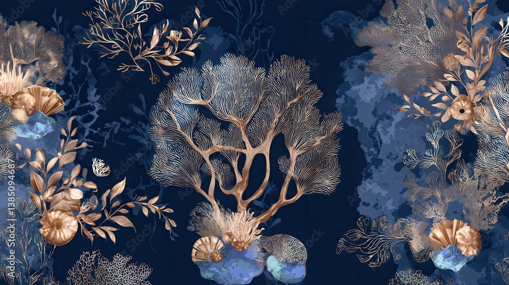 A beautiful boho vector art seamless pattern of an underwater coral reef. with gold foil floral accents, in a dreamy, romantic, and luxurious style, on a dark blue background with. A beautiful boho vector art seamless pattern of an underwater coral reef. with gold foil floral accents, in a dreamy, romantic, and luxurious style, on a dark blue background with.
