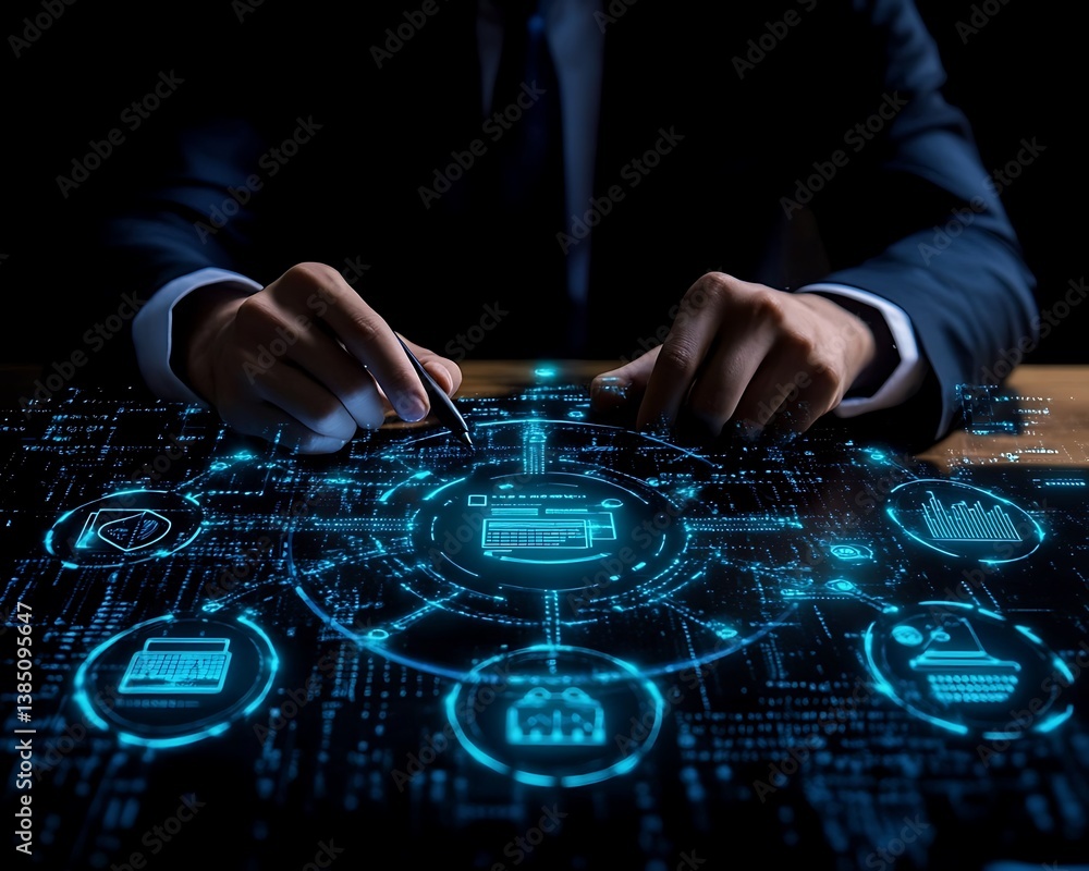 Businessman interacting with holographic interface Businessman interacting with holographic interface