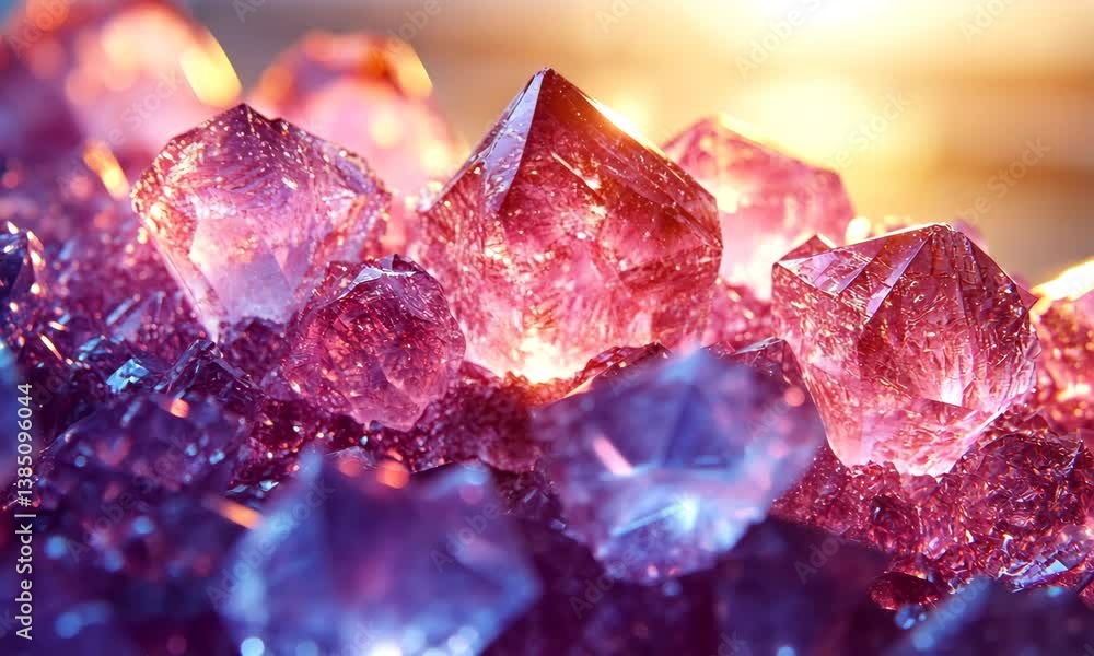 Illuminated amethyst crystals cluster revealing intricate details and color shifts Illuminated amethyst crystals cluster revealing intricate details and color shifts