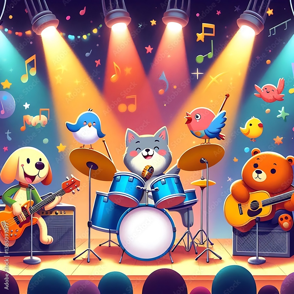 Fototapeta premium Colorful cartoon animal band performing live 