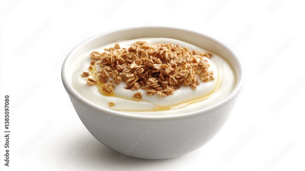 A bowl of creamy vanilla yogurt topped with granola and honey. Featuring indulgence and texture A bowl of creamy vanilla yogurt topped with granola and honey. Featuring indulgence and texture