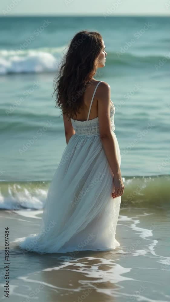 Young woman reflecting by the beach in a white dress Young woman reflecting by the beach in a white dress