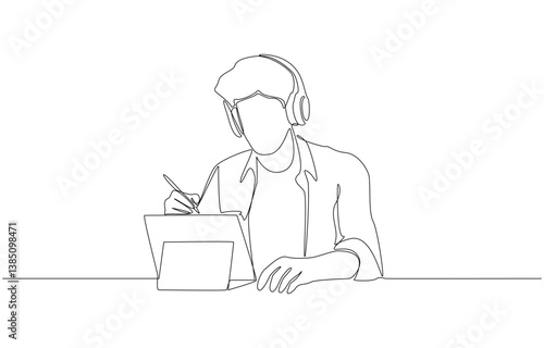 Continuous one line drawing of young male student studying online with tablet, online learning concept, single line art