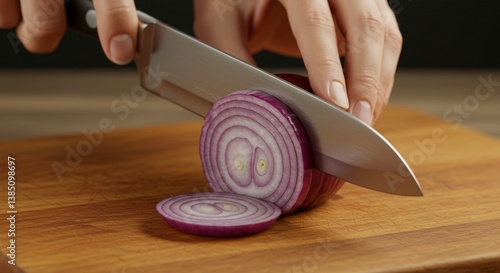 A woman's hands use a knife on a wooden board to cut an onion in the kitchen for food preparation