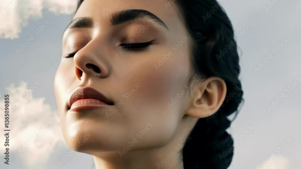Elegance in reflection: serene woman with closed eyes under cloudy sky Elegance in reflection: serene woman with closed eyes under cloudy sky