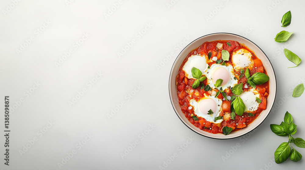 Tomato shakshuka with fried eggs and basil in black frying pan Tomato shakshuka with fried eggs and basil in black frying pan