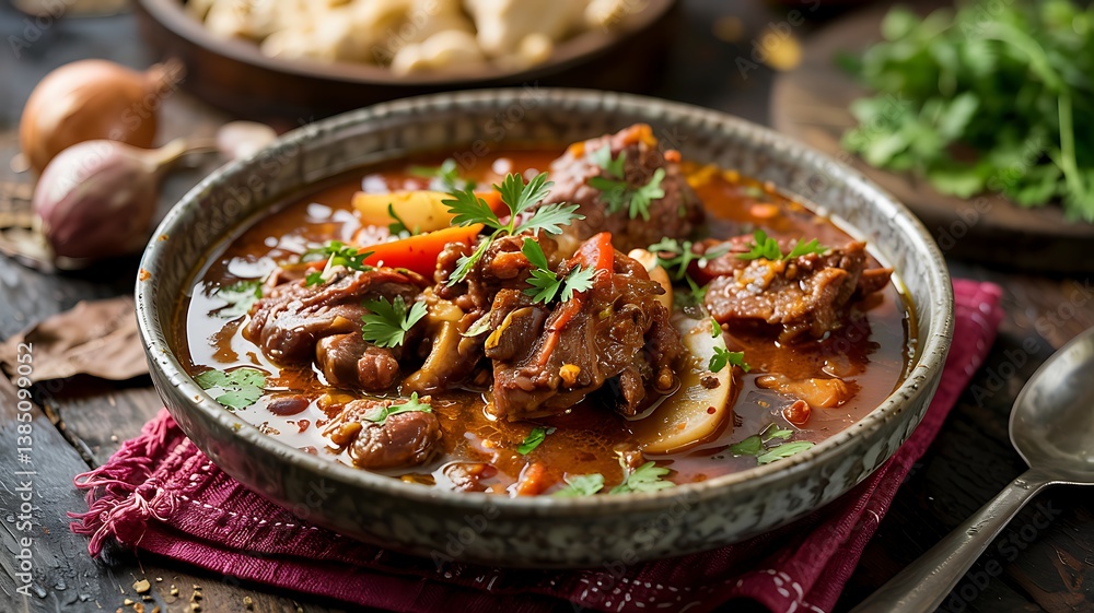 Close-up of tender beef stew with vegetables and herbs in a rustic bowl Close-up of tender beef stew with vegetables and herbs in a rustic bowl