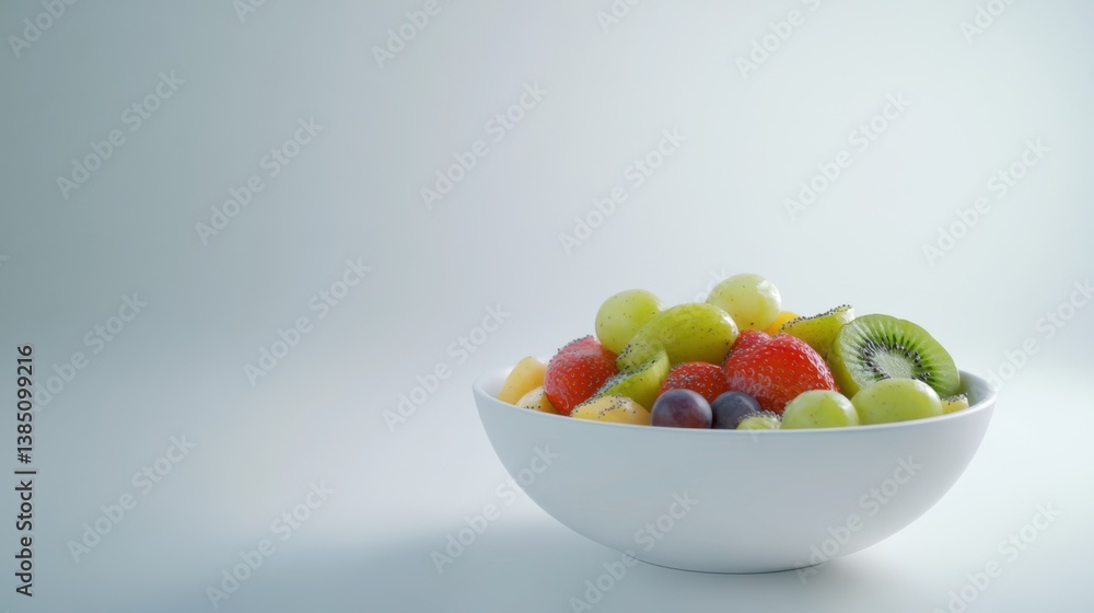A bowl of fresh fruit salad with kiwi, strawberries, and grapes. Featuring refreshment and color A bowl of fresh fruit salad with kiwi, strawberries, and grapes. Featuring refreshment and color