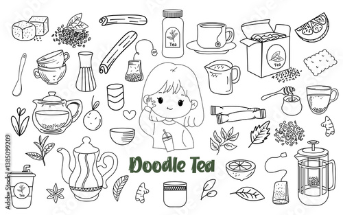 tea doodle element tea leaf and teapot doodle