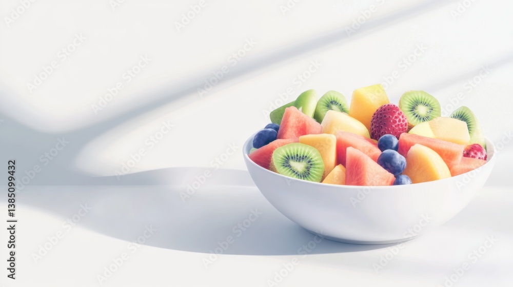 A bowl of fresh fruit salad with melons, berries, and kiwi. Featuring freshness and color A bowl of fresh fruit salad with melons, berries, and kiwi. Featuring freshness and color