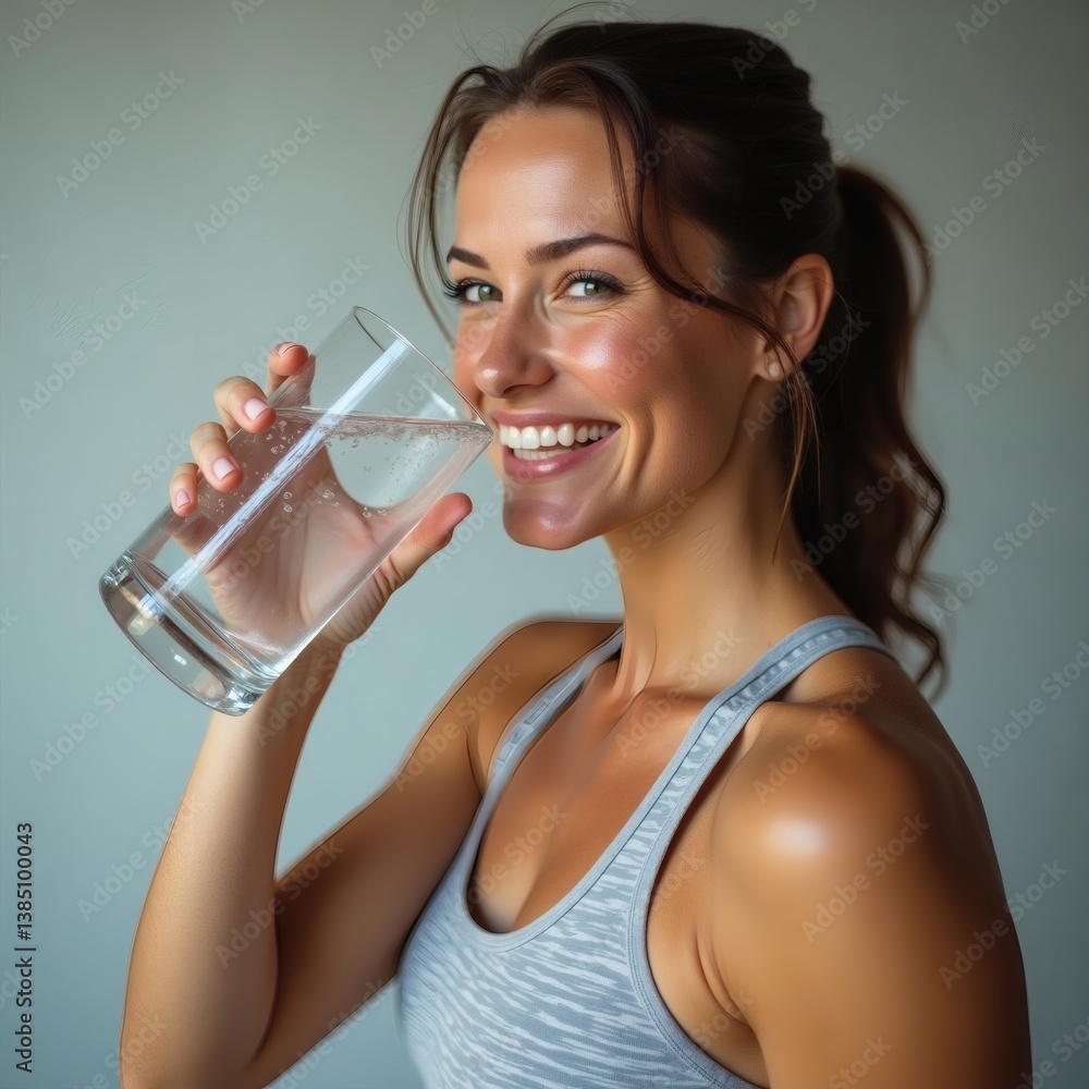 A radiant woman staying hydrated with a refreshing glass of water and bright smile A radiant woman staying hydrated with a refreshing glass of water and bright smile