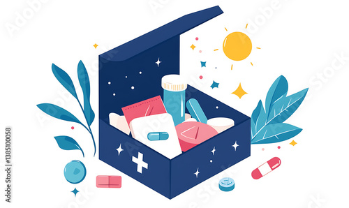 collection of modern vitamin, supplement, and pharmaceutical illustrations, showcasing production, packaging, usage, and health benefits for commercial and educational use.