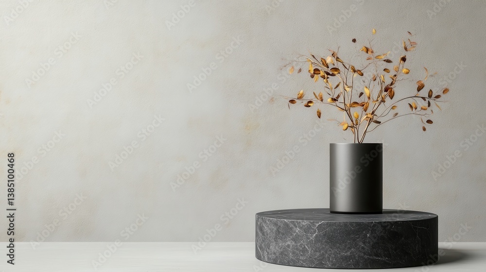 A minimalist arrangement featuring a black vase with dried branches, set on a round marble pedestal against a textured beige wall. A minimalist arrangement featuring a black vase with dried branches, set on a round marble pedestal against a textured beige wall.