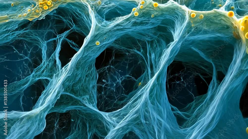 Intricate cellular structures observed in microscopic view showcasing filamentous networks and cellular components