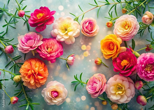 Vintage Portulaca Roses Flat Lay, Bird's Eye View, Modern Futuristic Photography, Soft Bokeh Background