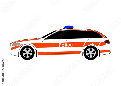 Vector graphic of police car side view with orange pattern and blue lights. Illustration made April 5th, 2025, Zurich, Switzerland.