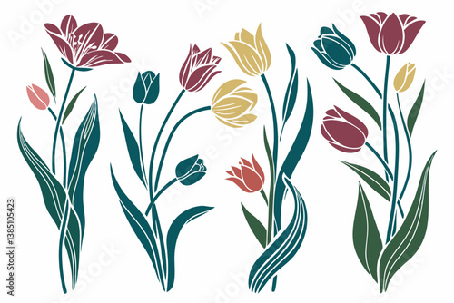 set of Tulips Flower silhouette vector illustration