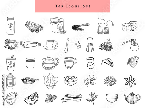 tea leaves teapot icon set hand drawn