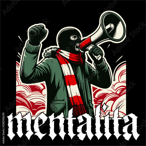 Vector illustration of Hooligan ultras Football fans hold a megaphone