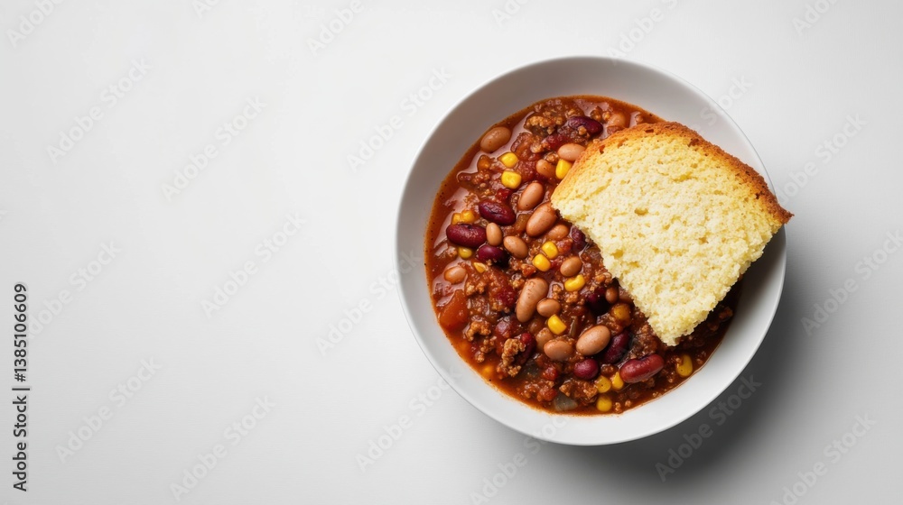A bowl of hearty chili with beans and cornbread on the side. Featuring rich flavor and comfort A bowl of hearty chili with beans and cornbread on the side. Featuring rich flavor and comfort