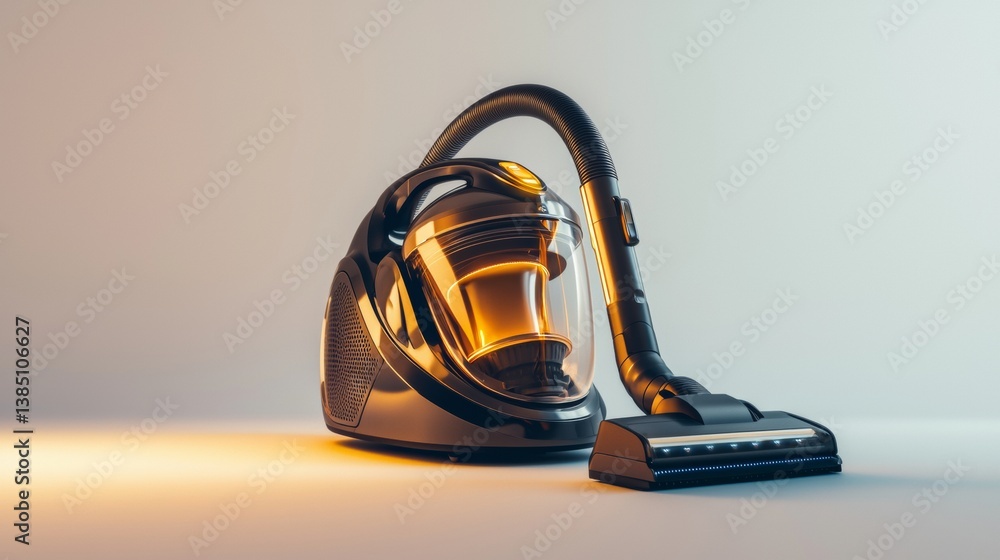 Modern vacuum cleaner with bright design lights on display at an interior home setting Modern vacuum cleaner with bright design lights on display at an interior home setting