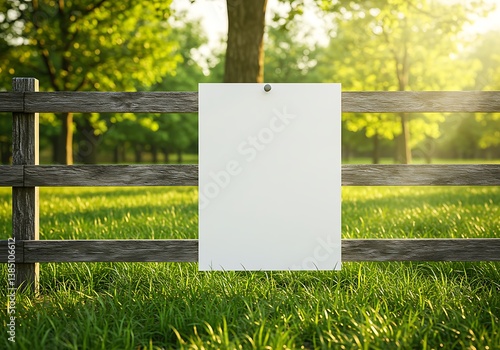 Fototapeta Naklejka Na Ścianę i Meble -  Blank white sign on wooden fence mockup in sunny green grass landscape