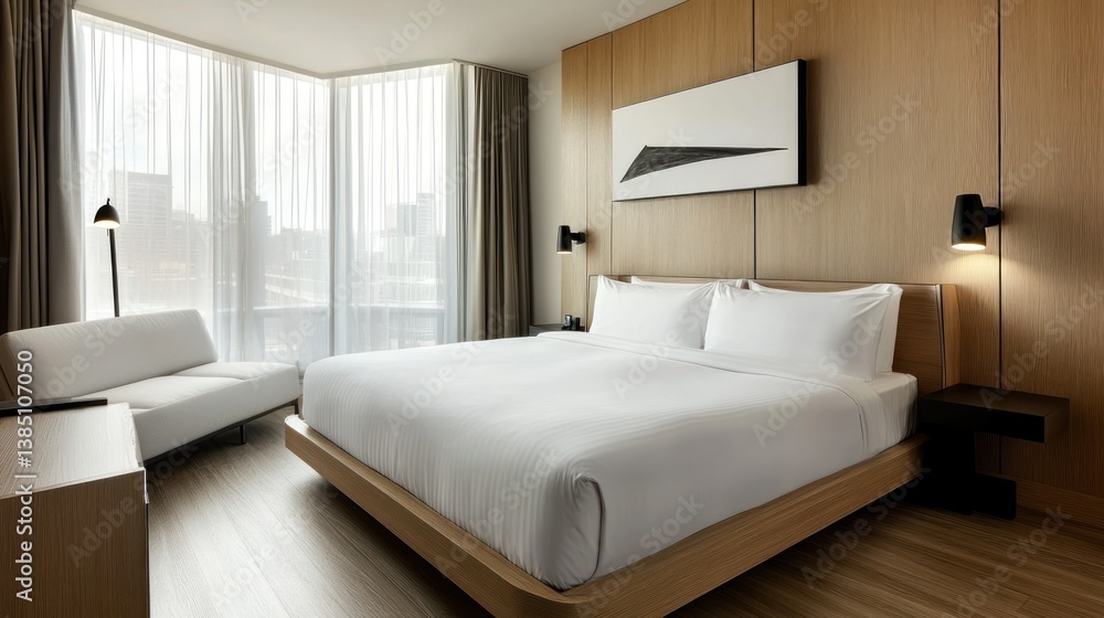Modern hotel bedroom with city view, ideal for a relaxing stay Modern hotel bedroom with city view, ideal for a relaxing stay