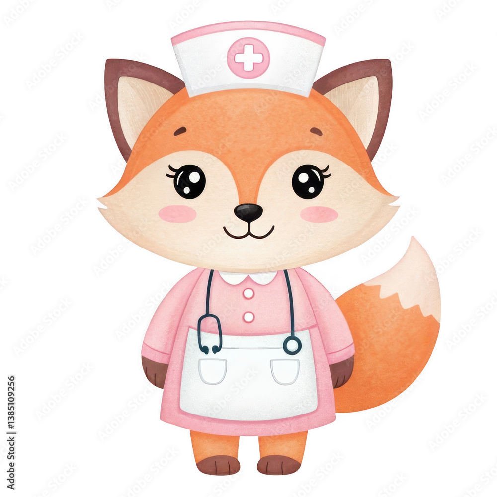 Charming watercolor clipart of a fox nurse character with soft colors and stethoscope, isolated on transparent background. Charming watercolor clipart of a fox nurse character with soft colors and stethoscope, isolated on transparent background.