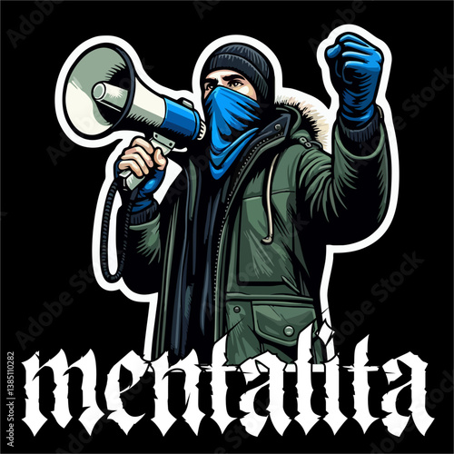 Vector illustration of Hooligan ultras Football fans hold a megaphone
