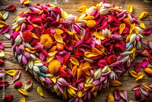 Close-up of a beautiful, heart-shaped edible flower arrangement.