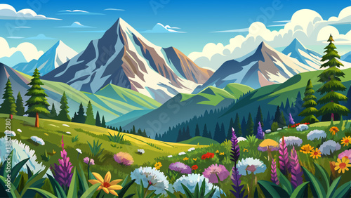 A high-altitude mountain meadow with wildflowers and snowy peaks in the background
