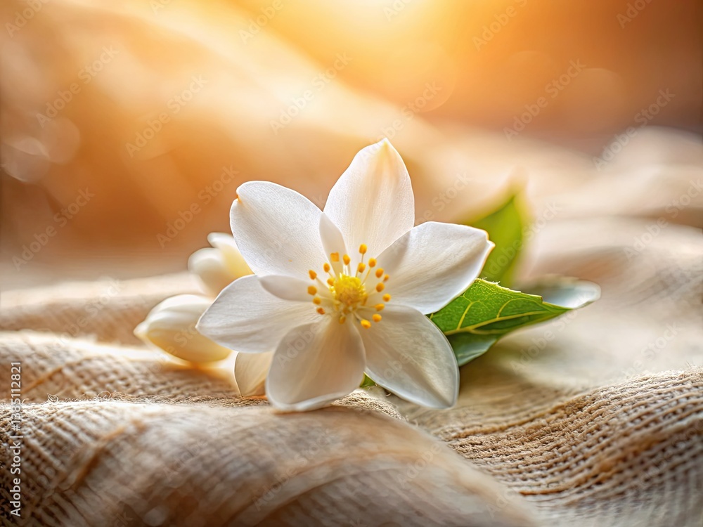 Close-up tilt-shift photo: a delicate white jasmine flower blossoms, soft focus, shallow depth of field, on fabric. Close-up tilt-shift photo: a delicate white jasmine flower blossoms, soft focus, shallow depth of field, on fabric.