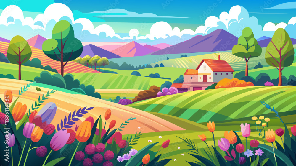 Fototapeta premium A colorful meadow in spring, with rolling hills and a distant farmhouse