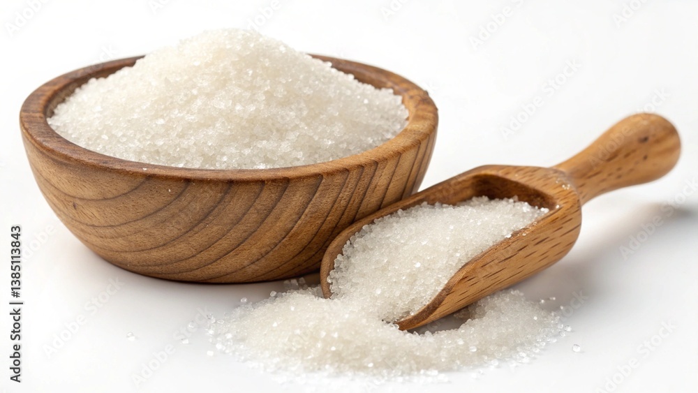 White sugar with a wooden scoop in a wooden bowl, cut out on white White sugar with a wooden scoop in a wooden bowl, cut out on white