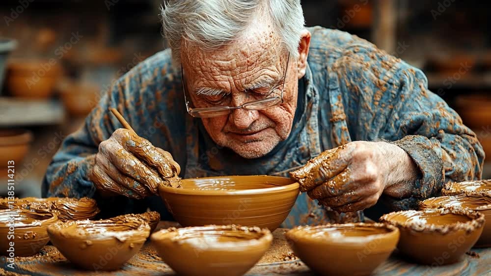 Senior artisan shaping clay bowl, pottery workshop Senior artisan shaping clay bowl, pottery workshop