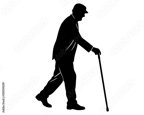 Elderly man with cane walking silhouette vector illustration