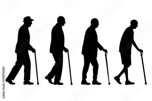 set of Elderly man with cane walking silhouette vector illustration