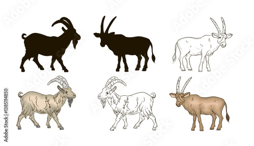 Wallpaper Mural Vector image, goat.  Black and white drawing, coloring book for children, color image, silhouette. Torontodigital.ca