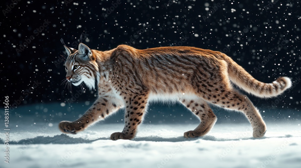 Fototapeta premium Lynx walking in snowy night