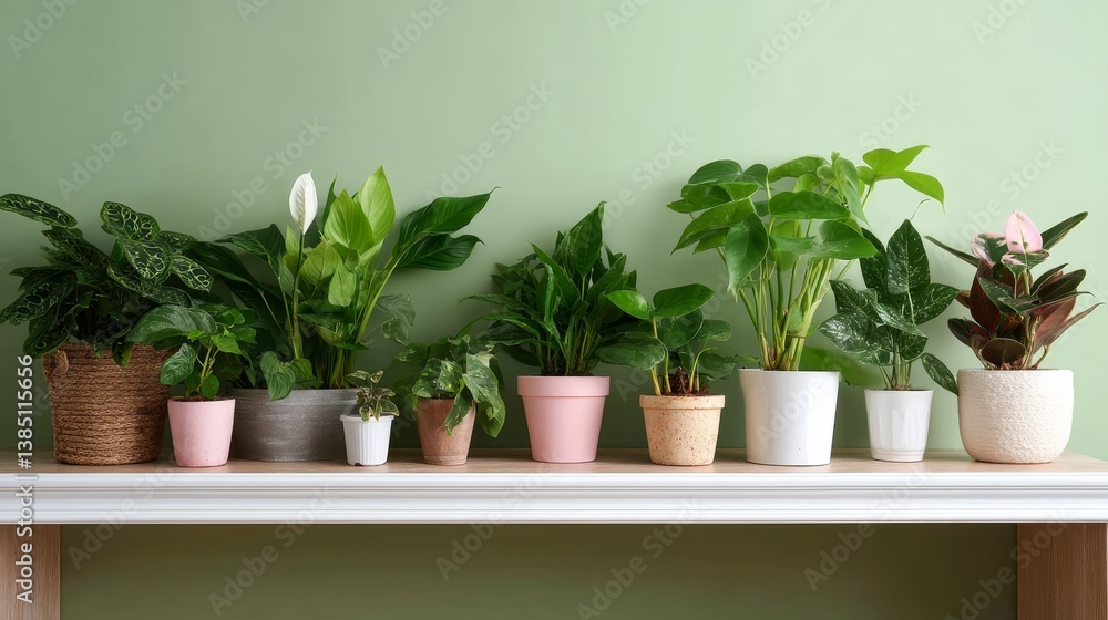 A collection of various exotic houseplants in ceramic pots showcases unique shapes and colors, arranged neatly on a white shelf against a soft pastel background A collection of various exotic houseplants in ceramic pots showcases unique shapes and colors, arranged neatly on a white shelf against a soft pastel background
