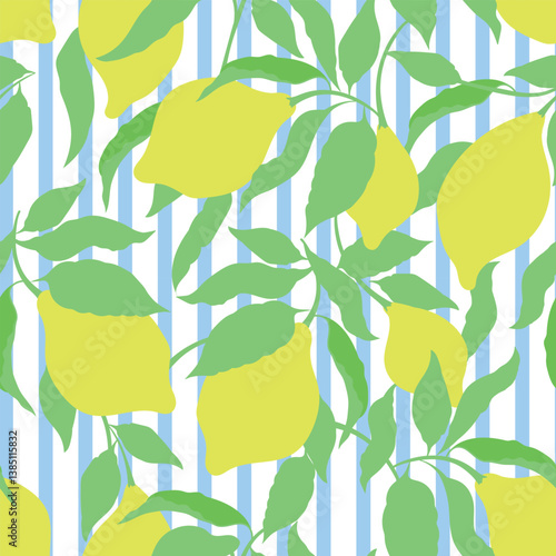 Lemon seamless citrus vector pattern on striped background. Hand drawn illustration with lemons.	
